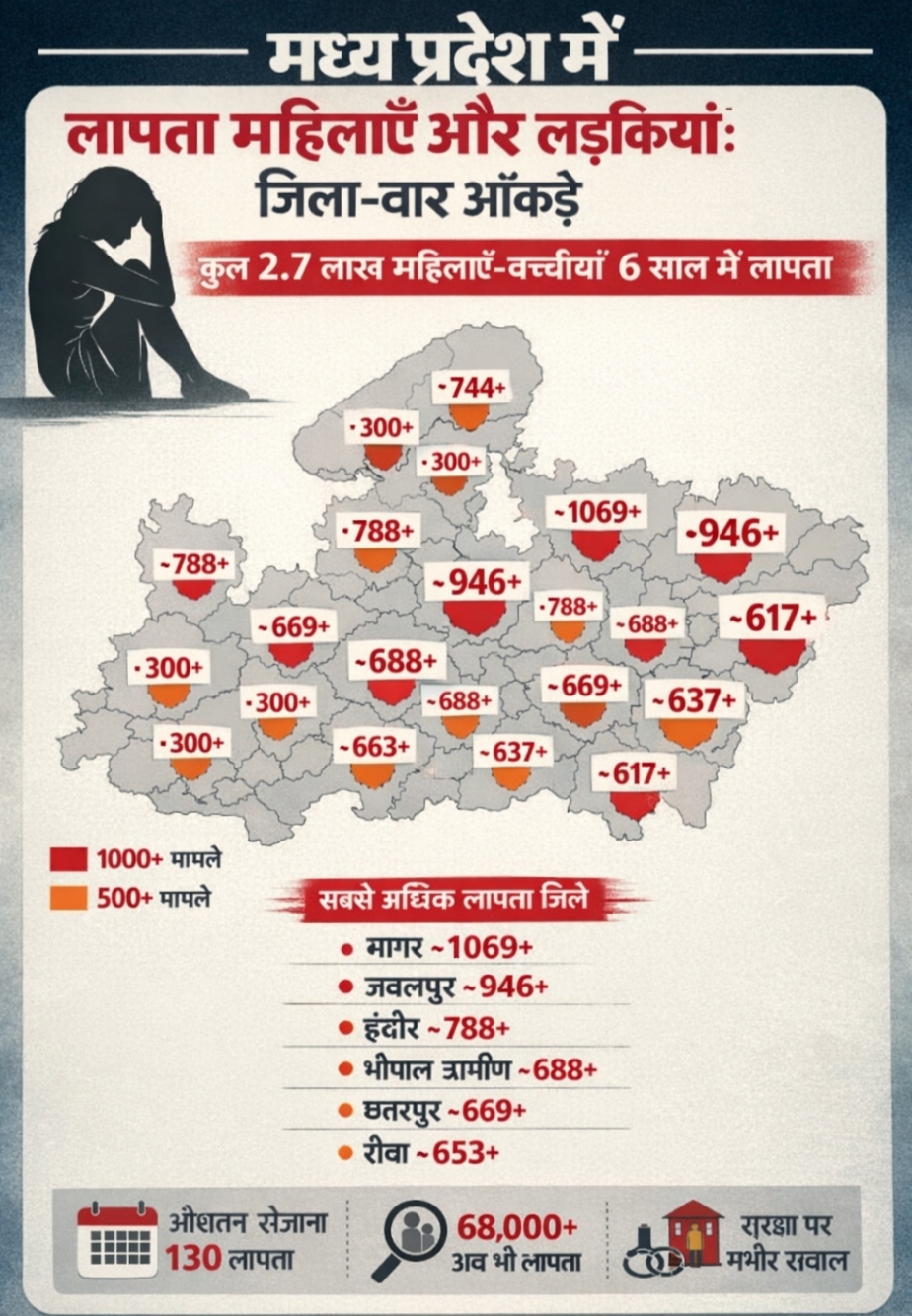 मध्य प्रदेश विधानसभा में भयावह खुलासा — 6 साल में 2.7 लाख महिलाएँ-लड़कियाँ लापता, 50 हजार अभी भी अता-पता नहीं